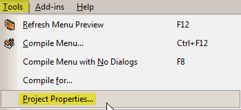 Select Project Properties from the Tools Menu Option