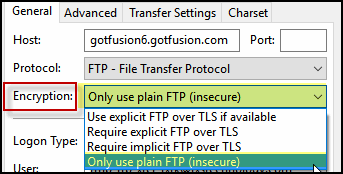 FileZilla General tab plain ftp settings