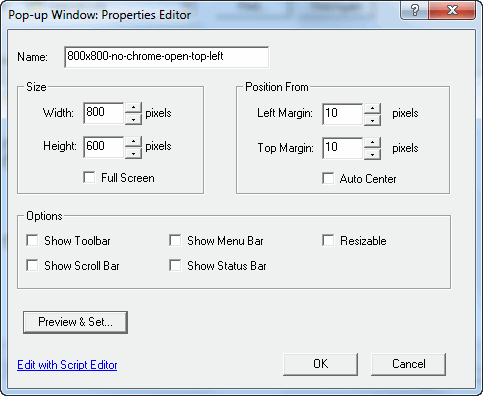 Pop-up Window Properties Editor