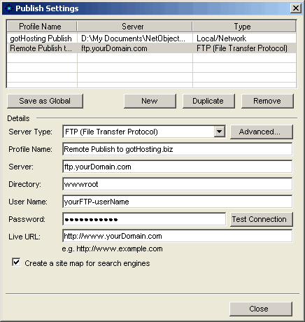 Remote Publish Settings for Fusion and gotHosting.biz