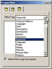 Site Properties Meta Tag palette