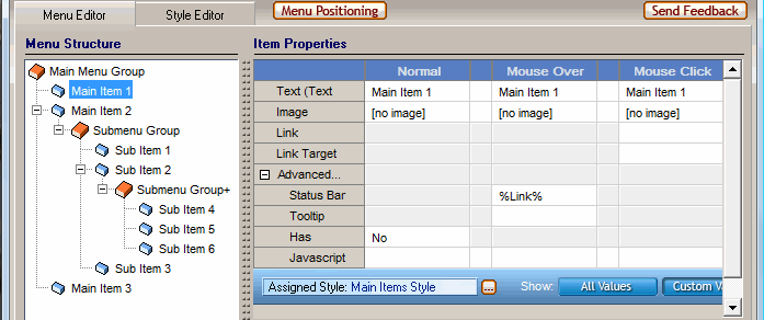 AWM Menu Structure and Properties Area