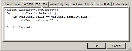 Between Head Tags script function insertion location