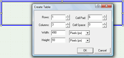Draw a table set to 1 row 3 columns 6 padding and zero the rest