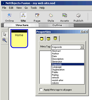 META tag properties palette