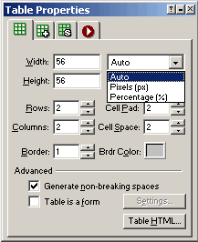 Table Properties Palette