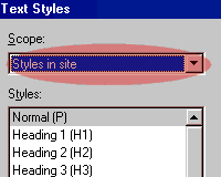 Text Styles Dialog with Styles In Site selected